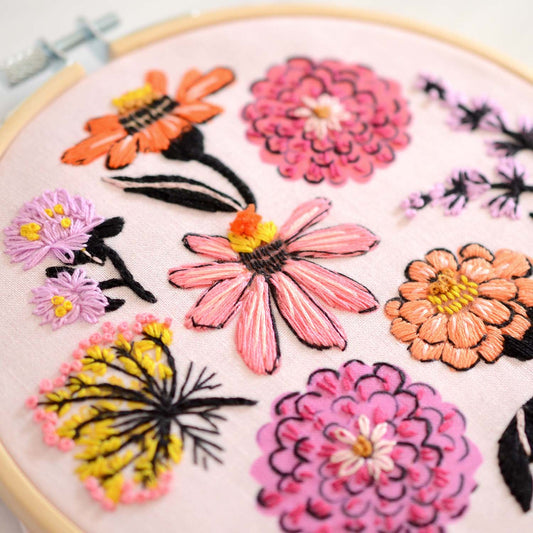 Zinnia Sampler Premium Embroidery Kit by Antiquaria